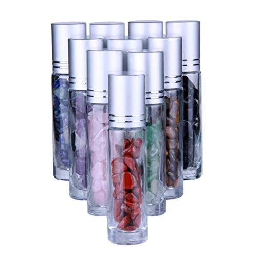 Iceyon 10pcs 10ml Gemstone Roller Bottles for Essential Oil Natural Healing Gemstone Chips Inside,Glass Roller Ball Bottles Transparent with Decorative Tops,Dropper,Opener,Funnels,160pcs Marking Label - Thumbnail 3