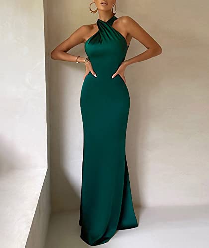 Image of xxxiticat Women's Satin Long Dress Sleeveless Halter Neck Backless Buckle Slip Cold Shoulder Mermaid Prom Party Maxi Dress