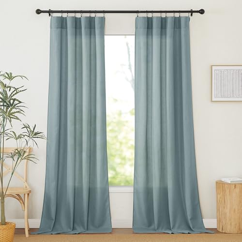RYB HOME Linen Curtains Modern Thick Flax Semi Sheer Vertical Drapes for Farmhouse Linen Elegant Curtains Rod Pocket Breathable Drapes for Bedroom/Livingroom - 52 by 90 Inch, Set 2 Panels
