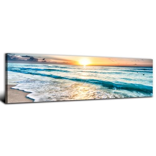 Sunset Ocean Beach Wall Art Coastal Pictures Wall Decor for Nautical Bathroom Living Room Sunrise Sea Waves Landscape Canvas Prints 14x48” Tropical Nature Seascape Poster Painting Artwork Decorations