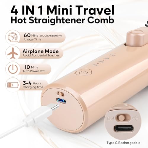 Image of Cordless Curling Iron Brush, Mini Travel Hot Straightener Comb Curl Brush, Rechargeable 4 Temps Cordless Wand Blush with 200 Million Negative Ions for Curls Straightening Styling (Pink)
