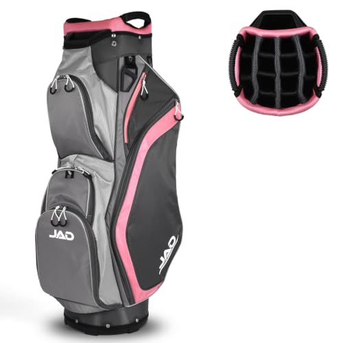 JAD Lightweight Womens Golf Bag, Golf Cart Bag with Dual Handles for Women/Ladies, 14-Way Full-Length Top Dividers, Large Putter Well, Ultra Lightweight, Large Pockets for Accessories (Pink/Grey)