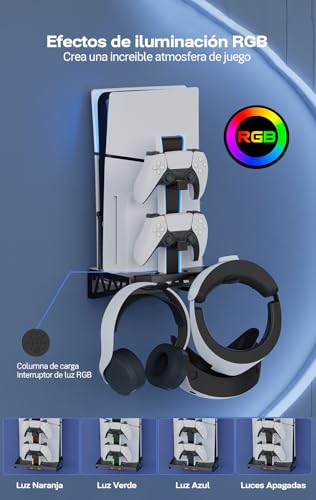 Soporte de pared Playstation 5 PS5 Slim y VR2 con RGB ,Ventilador Refrigerador, Soporte y Carga de 2 Mandos PS5, Soporte Auriculares, Accesorios PS5 Digital y de Disco (Soporte de Pared RGB) - imagen 5