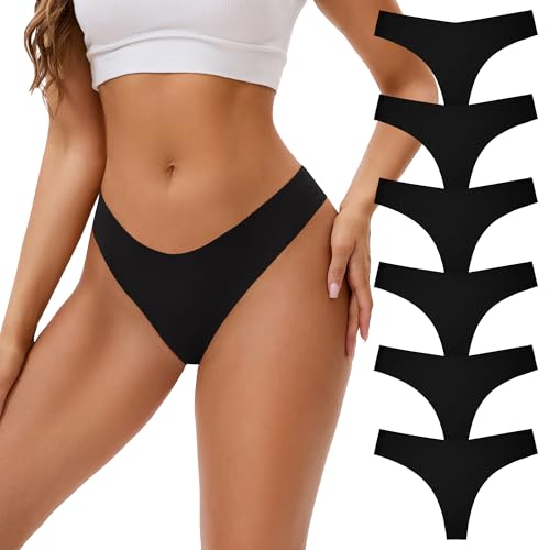 INNERSY String Tanga Damen Schwarz Nahtlos Seamless String Unsichtbare Unterwäsche Thong 6 Pack (M, 6 Schwarz)
