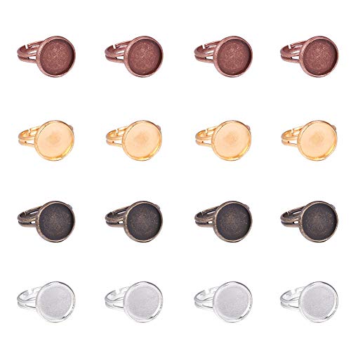 PH PandaHall 40pcs 4 Color Finger Ring Blank, 17mm Adjustable Ring Base Blank with 12mm Flat Base Cabochon Base Bezel Tray Settings for Ring Blanks Making Kit