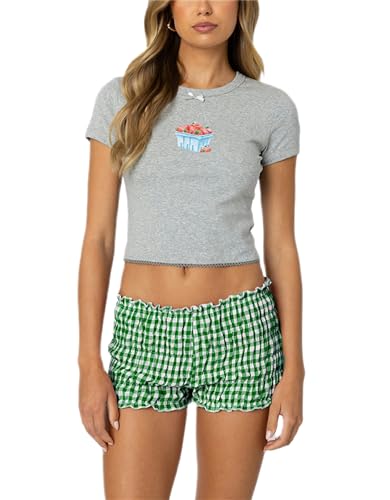 Image of Yuemengxuan Women Y2k Ruffle Shorts Ruched Plaid Shorts Micro Shorts Pajama Bottoms Y2k Cute Fairy Lace Edge Pettipants