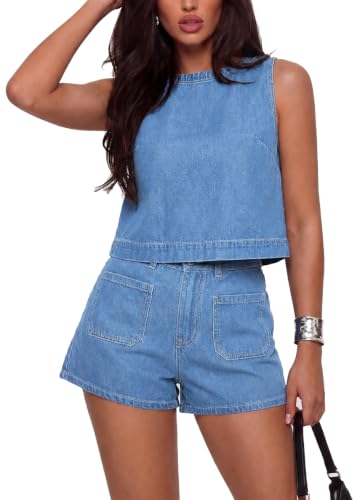 Image of Kedera Summer Denim Set for Women 2 piece Casual Sleeveless Boxy Shirt Tops and Shorts Pants Lounge Sets Outfits