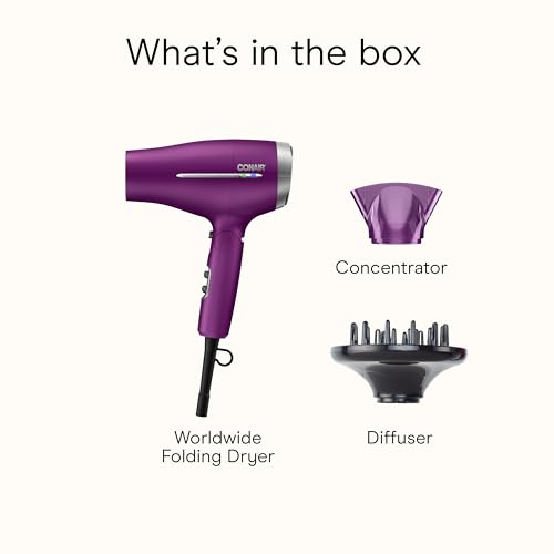 Image of Conair Worldwide Folding Handle Hair Dryer with Concentrator & Diffuser, 1875W Travel Blow Dryer with Smart Voltage Technology, Ionic Conditioning Fights Frizz, 3 Heat & 2 Speed Settings, Purple