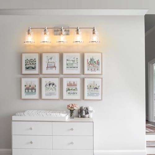 Image of Brushed Nickel Bathroom Vanity Light Fixture, 5 Light Bathroom Light Fixtures Over Mirror with Clear lampshade and Metal Base Sconce, 37 inch Modern Vanity Light for Bathroom(Exclude E26 Bulb)