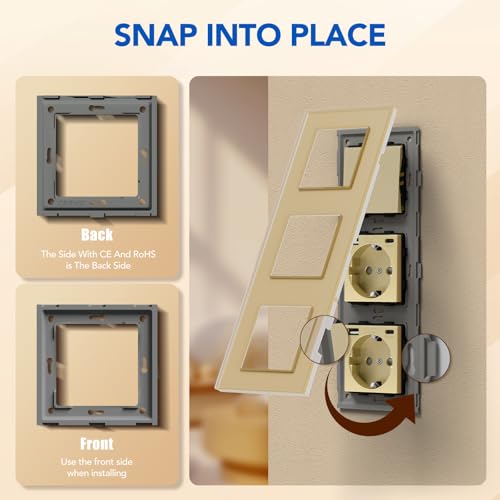 BSEED Lichtschalter Mit Steckdose 1 Fach 1 Weg, Wandschalter Mit 16A Schuko Steckdose, Doppel USB Anschluss (Max. 2.1A) Typ C Port Gold, Physische Unterputz Wandschalter - 228mm