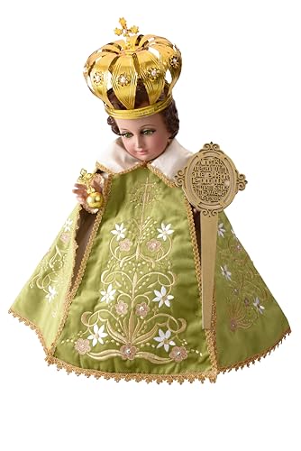 A&C QuinceaÃ±eras and More Infant Jesus of Prague Religious Clothing Set, Green and Gold Embroidered Robe with Crown, Hand-Embroidered Floral Design, Ceremonial Display (20 CM)