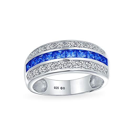 Art Deco Pink Blue Clear AAA Cubic Zirconia Half Eternity Channel Set Princess Cut CZ Dome 3 Row Wide Statement Wedding Band Ring For Women .925 Sterling Silver Comfort Fit 8MM2