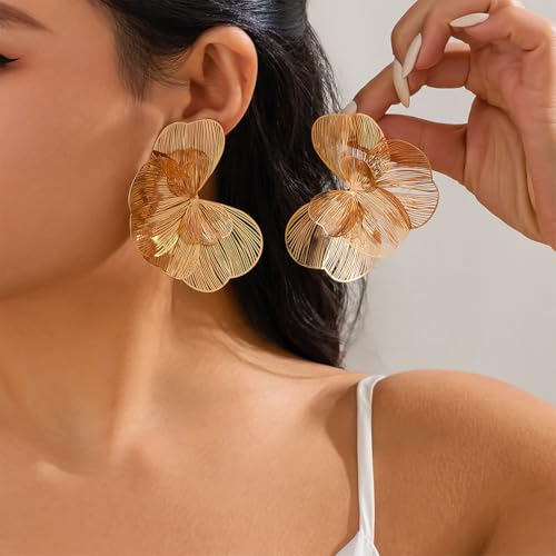 Gold Large Flower Dangle Earrings for Women Vintage Big Ginkgo Leaf Statement Silver Earring Trendy Oversized Floral Punk Jewelry Hip Hop Accessories4