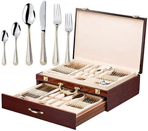 Italian Collection 'Verona' 75-Piece Premium Surgical Stainless Steel Silverware Flatware Set 18/10, Service for 12, 24K Gold-Plated Hostess Serving Set in a Wooden Case