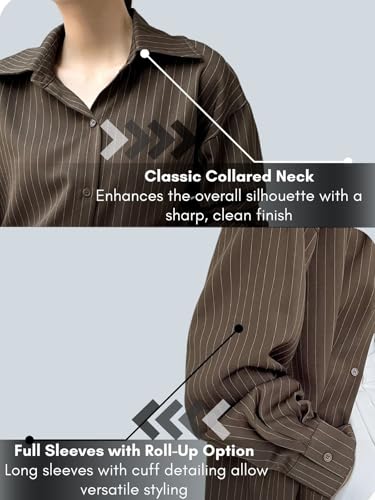 Image of GRECIILOOKS Striped Shirt for Women | Korean Style Full Sleeve Oversized Button Down Shirts | Tops for Women | Shirt for Woman | Plus Size Top for Office & Casual Outfit