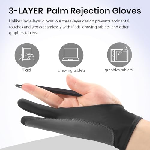 Guante digital para dibujo con rechazo de palma en 3 capas, guante artístico de dos dedos para iPad y tabletas gráficas, apto para mano izquierda y derecha, incluye 3 paños de limpieza (paquete de 6 unidades, tallas S, M y L) miniatura 2