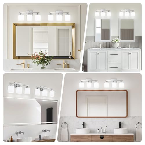 Image of Brushed Nickel Bathroom Light Fixture, Anti-Rust Finish 3 Light Vanity Lights for Bathroom, Bath Lights with Milky White Frosted Glass Shades, E26 Socket