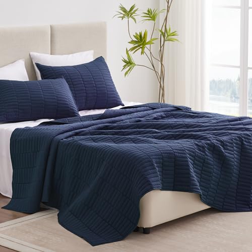 EXQ Home Quilt Set Full/Queen Size Navy 3 Piece,Lightweight Soft Coverlet Modern Style Stitched Quilt Pattern Bedspread Set for All Season(1 Quilt,2 Pillow Shams)