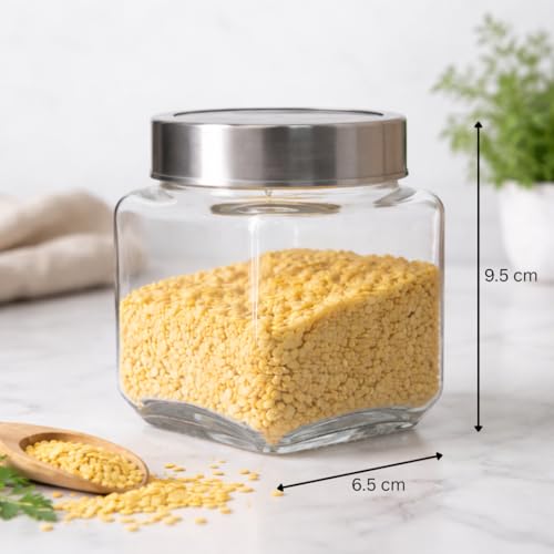 Image of CROCO JAR Square Glass Storage Containers 310ml | Transparent Airtight Kitchen Jars with Steel Lid | Cubical Glass Jars for Pantry, Snacks, Dry Fruits, Masala, Pickle & Coffee Beans | Pack of 6