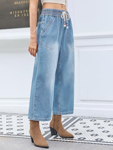 Cicy Bell Women's Wide Leg Jeans Casual Drawstring High Wasit Boyfriend Loose Baggy Capri Denim Pants with Pockets3