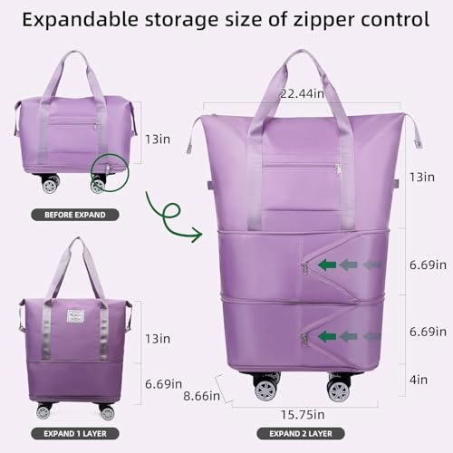 Image of Rolling Duffle Bag with Wheels, Expandable Foldable Travel Duffle Bag with Telescopic Handle, Portable Wheeled Luggage Bag for Travel, Lightweight Foldable Suitcase Bag for Men & Women (Purple)