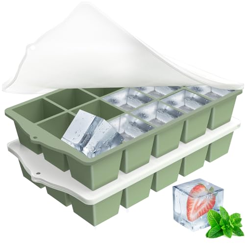 ZUIMENG Ghiaccio Stampo con Coperchio, Cubetti di Ghiaccio Stampi Silicone Senza BPA, Porta Ghiaccio per freezer Impilabile per Cocktail, Whisky, Vino, Puree di Frutta (Verde, 2 Pezzi)