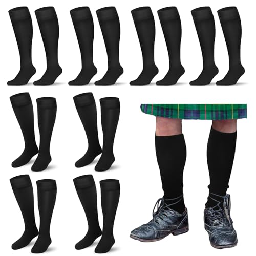 Cozypower 8 Pairs Scottish Kilt Hose for Men Ribbed Kilt Socks Black Knee High Socks Breathable Tube Scottish Accessories for St. Patrick's Day Party Favor, Size L