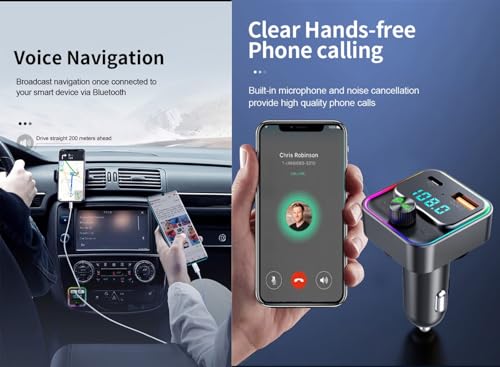 Image of VeeDee T60 Bluetooth 5.3 FM Transmitter Car Adapter 48W (PD 30W & 18W), 2 LED Light Modes, USB Port, Light Switch, Wireless FM Radio Transmitter, Supports MP3 Player, Handsfree Calling