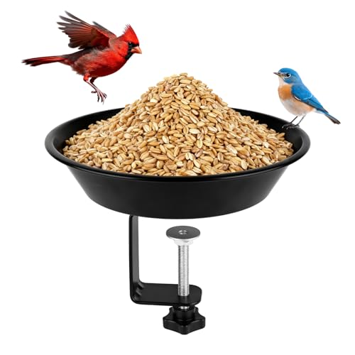 Balcony Bird Feeder for Deck Railing, Deck Mounted with Seed Tray for Outdoors, Adjustable Heavy Duty Sturdy Steel, BOLITE Garden Decoration, Black, Gifts for Men Women