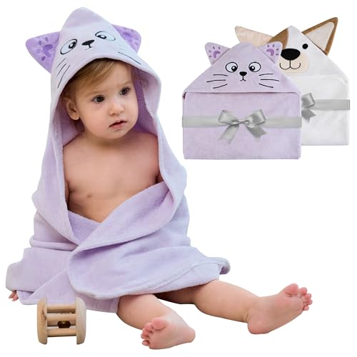 Image of Mooreeke 2 Pack Toddler Towels - 100% Cotton Toddler Hooded Towels - Soft Baby Bath Towel with Hood for Newborn - Comfort Towel for Baby Girls and Boys - Animal Shaped (Puppy & Cat)