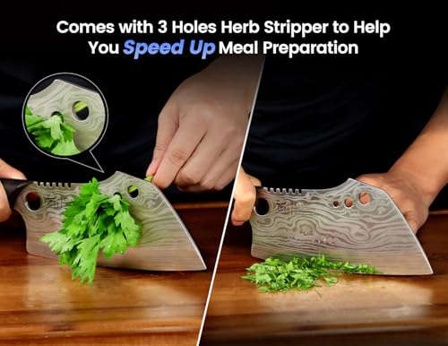 Meat-Cleaver-Chef-Knife-with-Sheath-77-Inch-Butcher-Knife-with-Herb-Stripper-Chopping-Knife-Heavy-Duty-Bone-Cutting-Damascus-Pattern-Full-Tang-Wood-Handle-Mothers-Day-Gifts