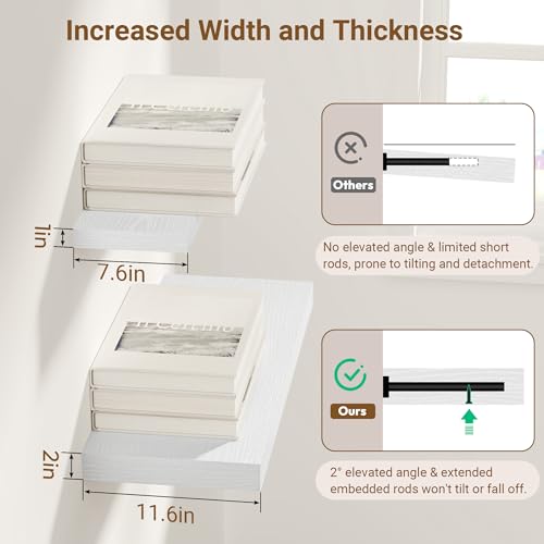 Image of 24 Inch Floating Shelves, 12 Inch Deep Floating Shelves for Wall, Extra Deeper & Thicker Wooden Wall Shelf with Invisible Brackets, Shelf for Bedroom Living Room Home Decor(White, Set of 2)