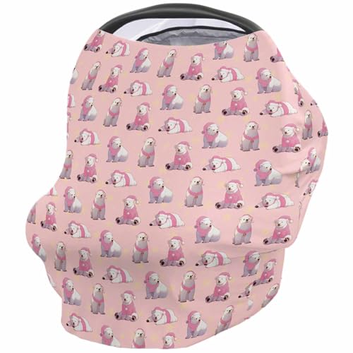 Nursing Cover for Breastfeeding Scarf, Merry Christmas Snowflake Polar Bear Pink Baby Car Covers Super Soft Multi Use for Canopy Shopping Cart Cover Blanket Stroller Cover