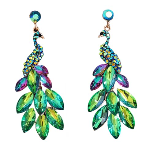 Vintage Peacock Dangle Earrings for Women 14K Gold Plated Green Crystal Feather Peafowl Statement Drop Dangling Stud Earring Boho Exaggerated Birthday Holiday Jewelry Gifts (Green Purple)