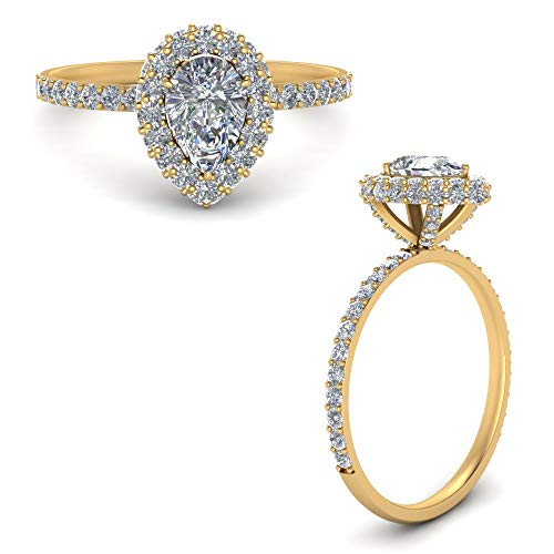 Image of Choose Your Gemstone Pave Rollover Pear Halo Engagement Ring Yellow Gold Plated Pear Shape Halo Engagement Rings Matching Jewelry Wedding Jewelry Easy to Wear Gifts US Size 4 to 12