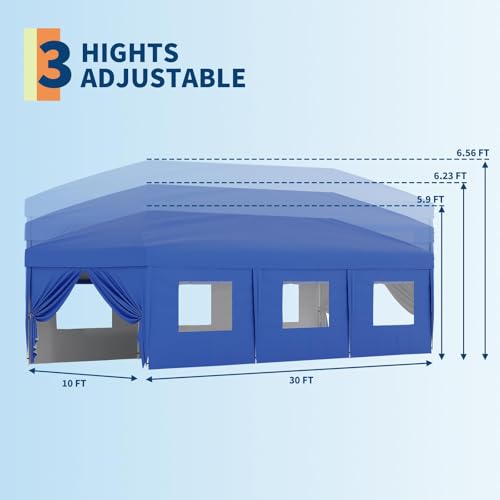 10x30 Pop-Up Awning with 8 Sidewalls - Heavy Duty Outdoor Awning Tent with Portable Rolling Bag - 3 Adjustable Height, 8 Weight Bags, 8 Stakes and 6 Drawstrings, Blue