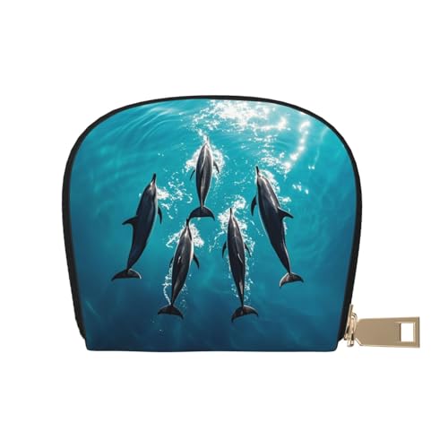 Dancing Dolphins Print Credit Card Holder, PU Leather Small Card Bag Wallets with Zipper for Women Men id Business Card