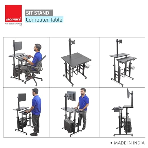 Image of Isomars Computer /Laptop Table with Adjustable Height & Angles, Sit Stand Table, Computer Desktop Workstation with Fixed Monitor Mount - Useful for Using Gadgets Like Desktop, Laptop, etc. (Black)