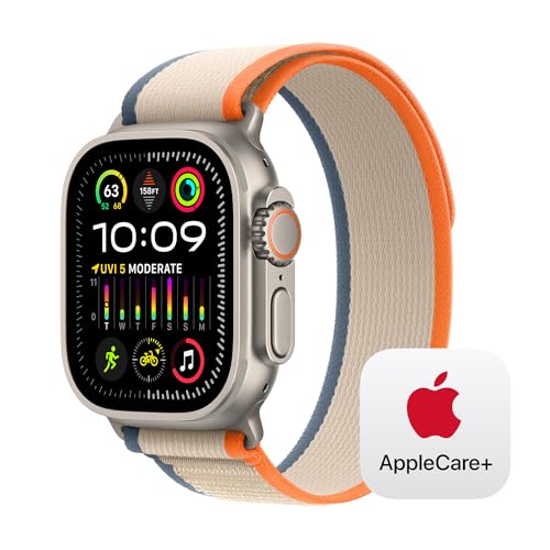 Apple Watch Ultra 2 [GPS + Cellular 49mm] Smartwatch with Rugged Titanium Case & Orange/Beige Trail Loop S/M. Fitness Tracker, Precision GPS, Action Button, Carbon Neutral With AppleCare+ (2 Years)