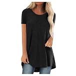 NSICBMNO Black Longline Tops for Women UK Plus Size Oversized T Shirts Ladies Long Tunics Summer Short Sleeve Tops Round Neck Tshirt Flowy Tshirt Loose Fit Blouses for Casual Work Gym Holiday Beach