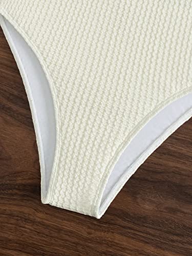 Makemechic Women's Strapless Bathing Suit Color Block Frill Trim Tie Back Bandeau One Piece Swimsuit Beige S #TOP5