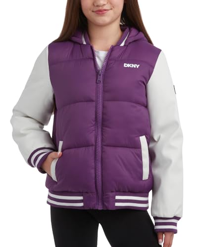 DKNY Girls' Quilted Puffer Jacket - Warm Hooded Insulated Winter Jacket for Girls - Kids' Outerwear Varsity Jacket (7-16)