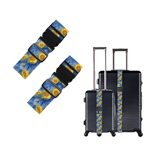 Image of 2 Pack Luggage Straps for Suitcases, Adjustable Travel Belt with Buckle, 2 inch Wide Heavy Duty Suitcase Straps for Summer Vacations, Starry Night Sunflower Pattern, Travel Essentials, Blue /Multi