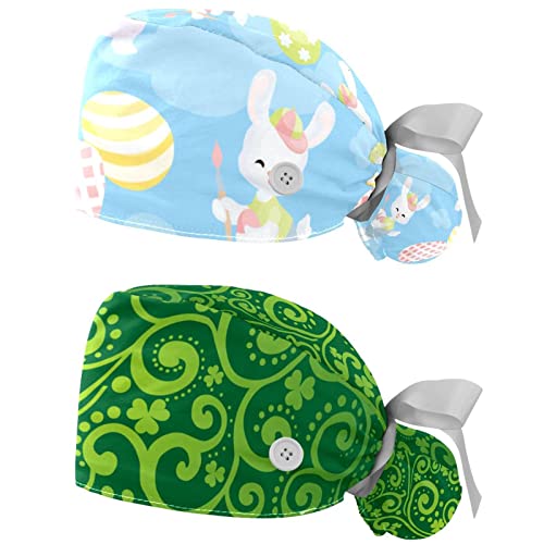 2 Packs Happy Easter Egg Bunny Nurse Scrub Caps Women Long Hair, Adjustable Tie Back Skull Hat, One Size Working Head Cover