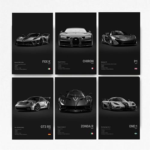 Super Car Poster Racing Car Wall Art For Home Decor Car Prints For Walls FXXK CHIRON P1 911GT3 RS ZONDA R ONE:1 Cardstock Posters Set Of 6(Unframe 8x12inch)