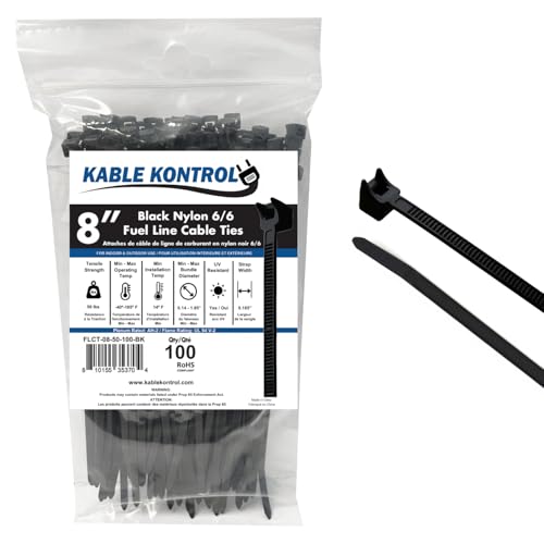 Kable Kontrol Radius Clamp Head Fuel Hose Cable Ties, 8 Inch 100 Pcs, 50 Lbs Tensile Strength, Nylon UV & Chemical Resistant Hose Clamp Zip Ties for Indoor, Outdoor, and Industrial Use - Black