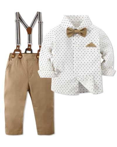 Image of SANGTREE Baby Suits for Boys Gentleman Wedding Outfits Long Sleeve Dress Shirt Suspender Pants Bowtie Boy Clothes Set, 1-6T