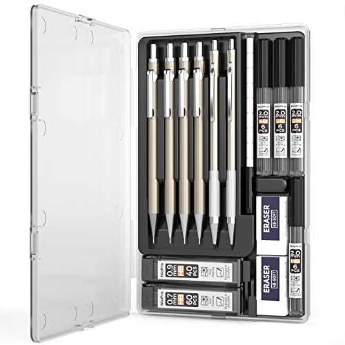 Nicpro 6 Pcs Art Mechanical Pencils Set, Metal Artist Drafting Pencil 0.3 & 0.5 & 0.7 & 0.9 Mm & 2 Pcs 2Mm Graphite Lead Holder(4B 2B Hb 2H) For Writing Sketching Drawing With Lead Refills Eraser Case #TOP1