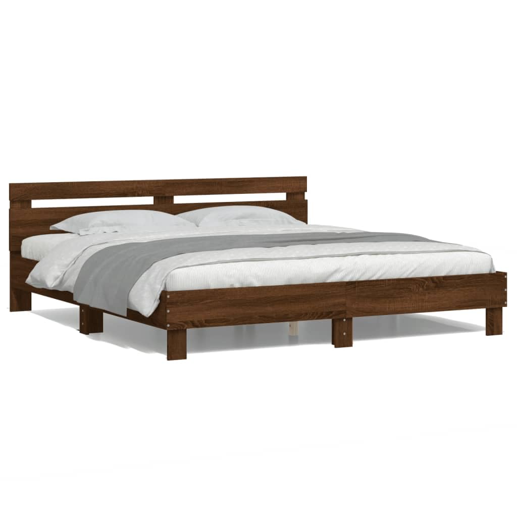 Festnight Marco de Cama 180 x 200 cm con Cabecero Estructura Cama Marrón Roble Cama con Luces LED y Somier Soporte de Láminas de Madera Base De Cama