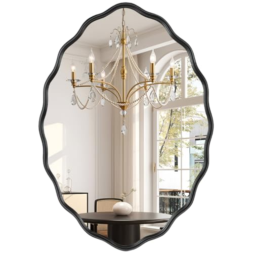 Oval Bathroom Mirror Wall Mounted Large Decorative Wall Mirror for Living Room, Bedroom, or Entryway – Vintage Sunburst Design with Beveled Detailing – Wavy Frame Vanity Mirror (Black)